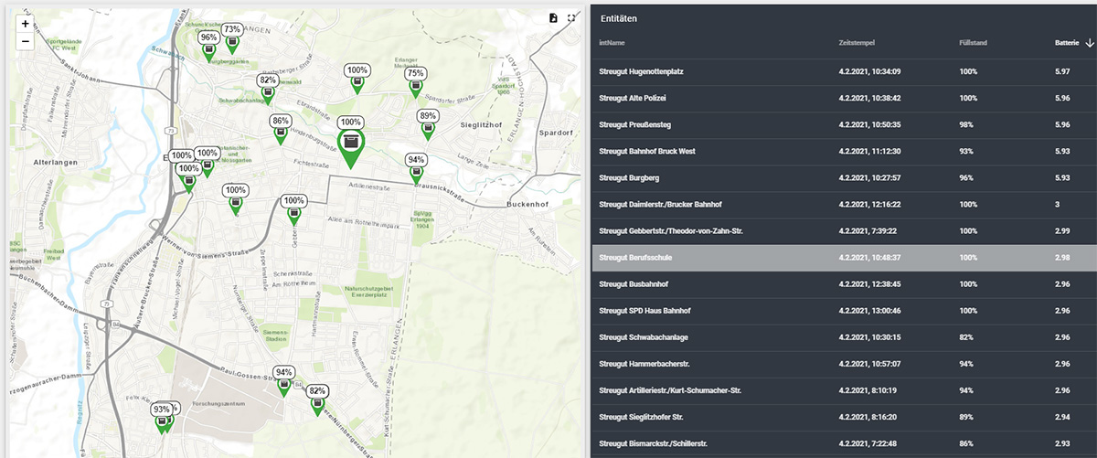 Data from the smart waste sensors being accessed through a web interface for route planning
