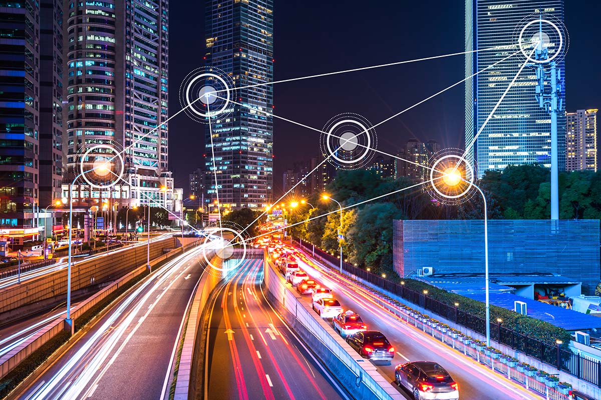 Image of IoT lighting also plays an important role in smart cities that control power consumption across the city.