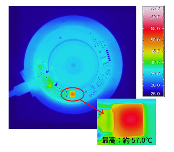 フィルムコンデンサの測定結果（最高：約57.0°C）